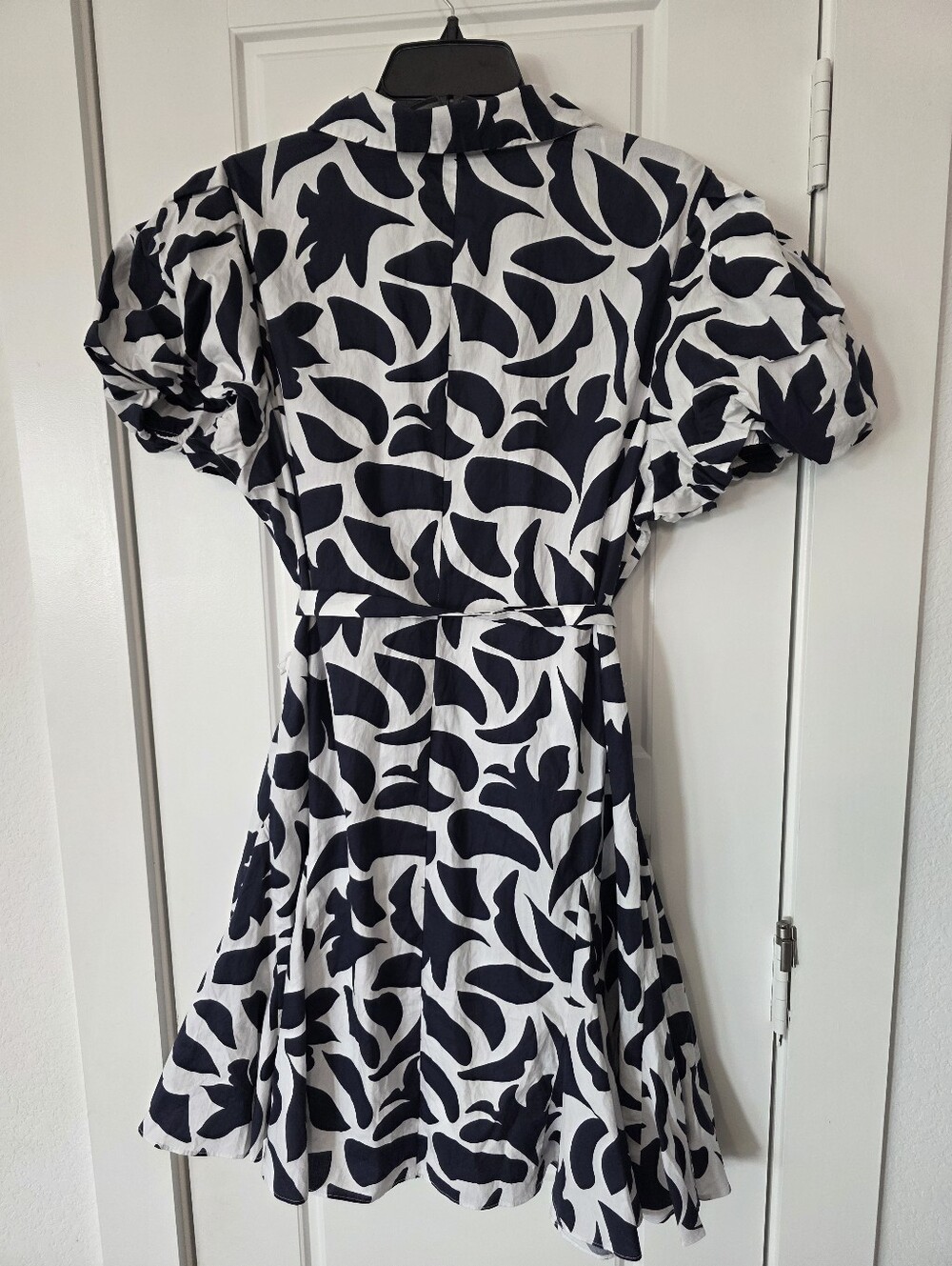 MSK Black White Abstract Print Shirt Dress XL Puff Sleeve Belted Button Front - Picture 8 of 9